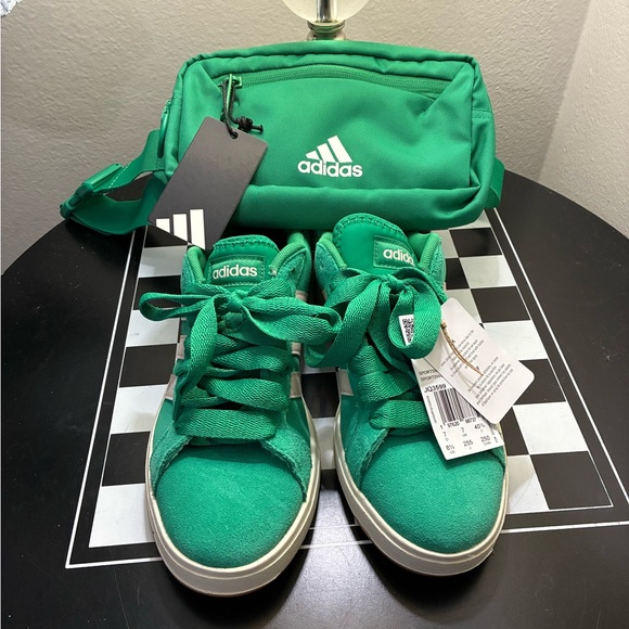 adidas Shoes - adidas Kids Green Suede Sneakers with Matching adidas Pouch
